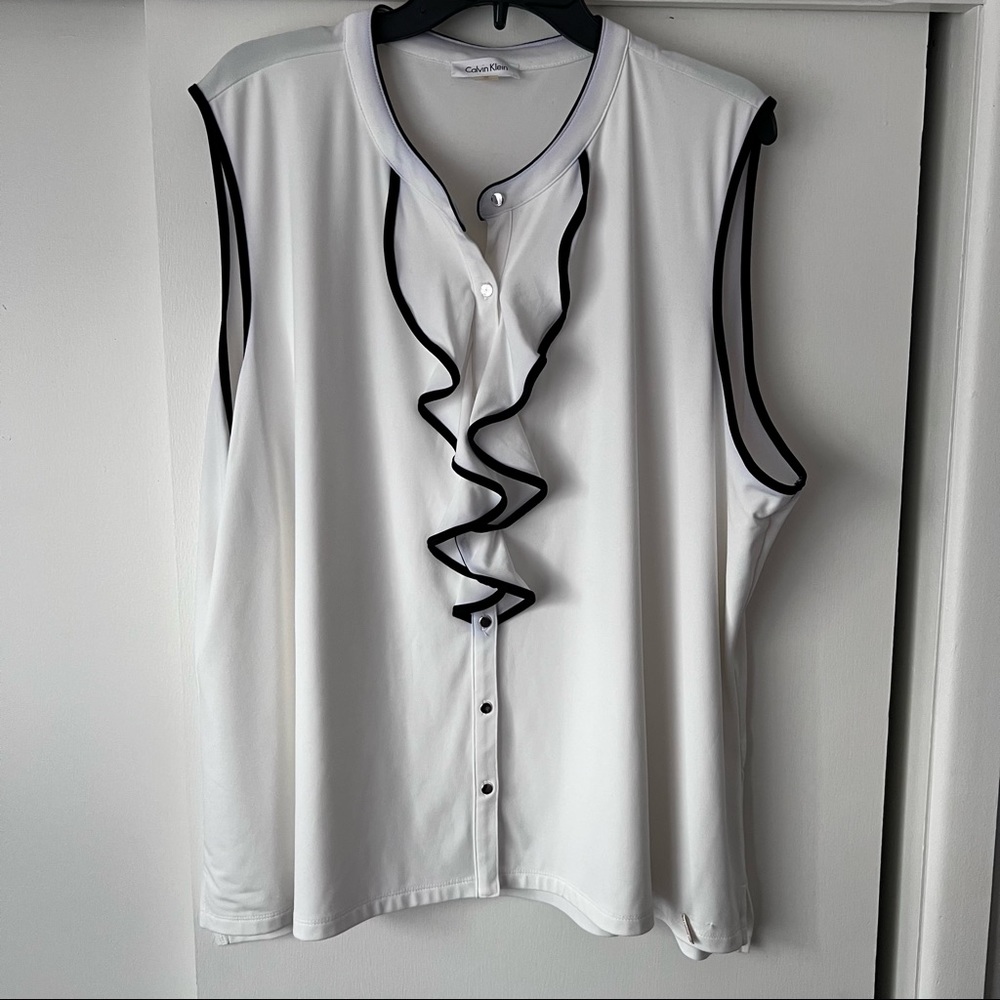 Black and white Calvin Klein shell blouse ruffled neck